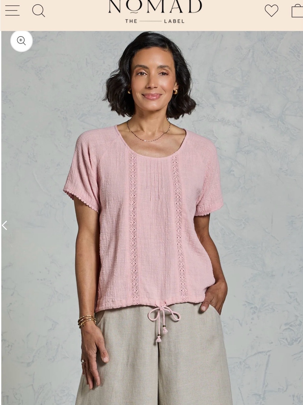 Nomad the Label Pink Crochet-Trim Tie-Hem Short Sleeve Top Size Large